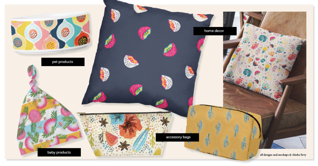 image shows a variety of print on demand products adorned with surface patterns. 