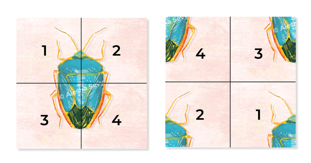 image shows 2 images cut into four sections and numbered. In the first image, the numbers are 1,2,3,4. In the next image, the numbers have been moved around to show 4,3 2,1 - this is to demonstrate how to create repeating patterns.