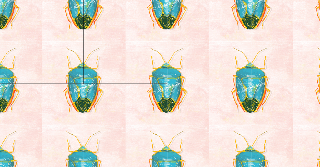 image shows blue beetles on a pink background, demonstrating how to create a repeating pattern for surface pattern designs.