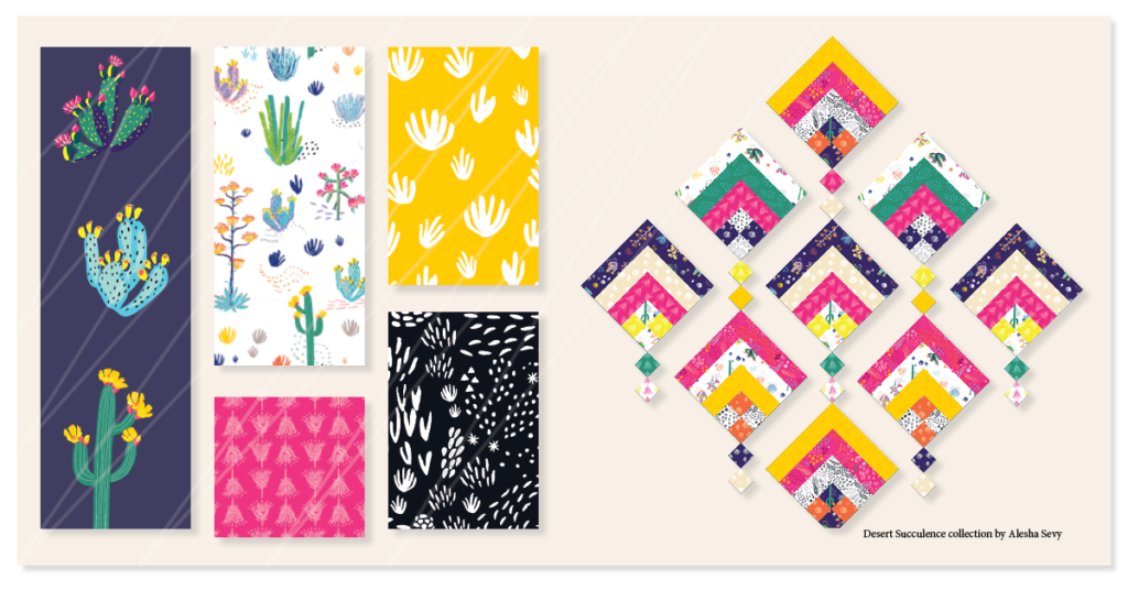 image shows a fabric collection featuring bright cactus and desert plants, laid out in a pleasing portfolio to pitch as a surface pattern collection.